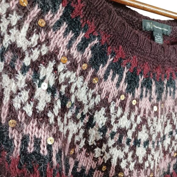 INC Nordic Fair Isle Angora Silk Purple Gold Sequin Women's Sweater Size Large - Picture 4 of 9